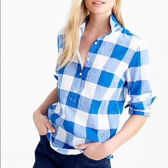 J. Crew Tops - J. Crew Popover Shirt Buffalo Check Plaid Blue